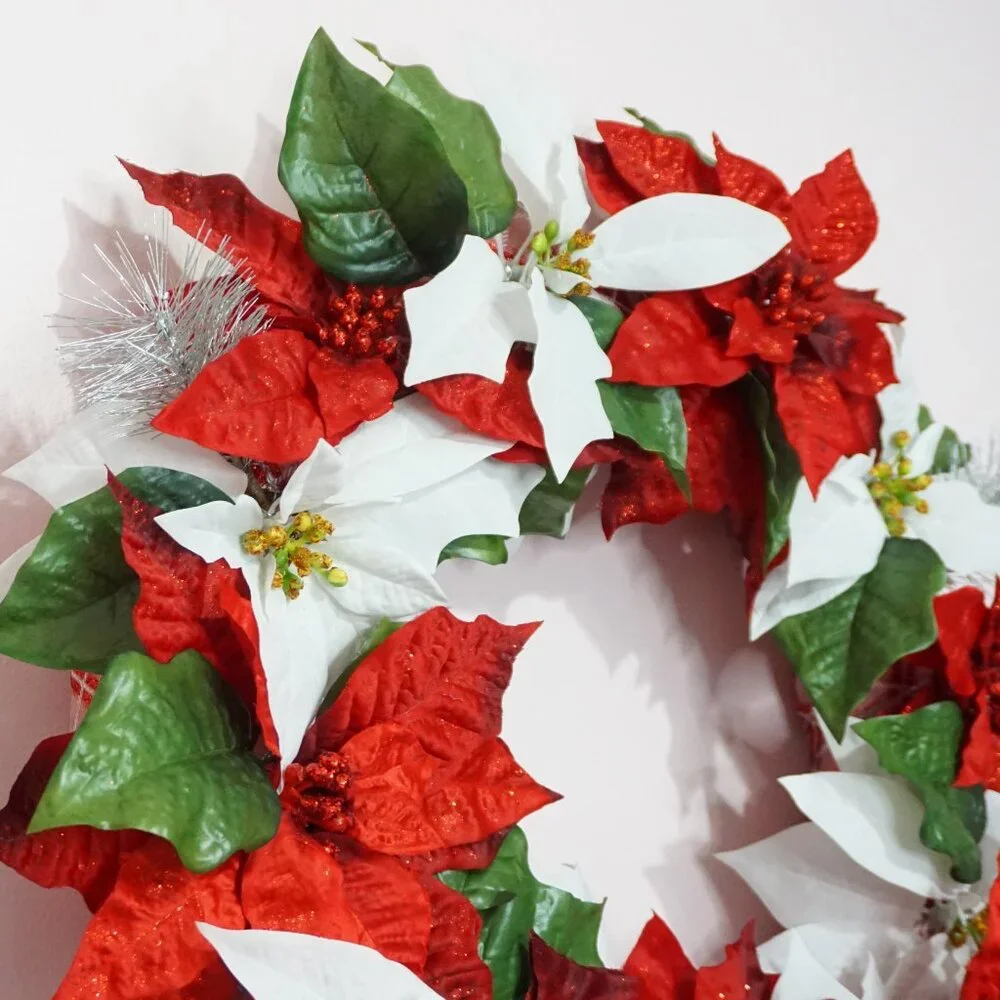 Red and White Poinsettia Christmas Wreath with Green Leaves